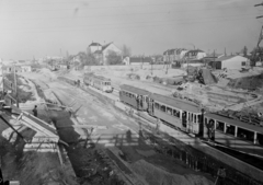 Magyarország, Budapest XIII.,Budapest IV., Béke utcai közúti aluljáró építkezése, a Madridi utca és az Angyalföld kocsiszín felé nézve., 1955, UVATERV, villamos, kocsiszín, Budapest, FVV-szervezet, Fortepan #91522