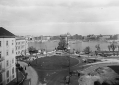 Magyarország, Budapest I., Clark Ádám tér és a Széchenyi Lánchíd., 1949, UVATERV, lovaskocsi, tér, építkezés, látkép, Duna, Budapest, függőhíd, Duna-híd, William Tierney Clark-terv, Fortepan #91549