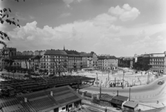 Magyarország, Budapest IX., Boráros tér, a Petőfi híd pesti hídfőjének újjáépítése., 1952, UVATERV, autóbusz, építkezés, utcakép, Budapest, hídszerkezet, Fortepan #91585