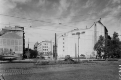 Magyarország, Budapest V., Kálvin tér, szemben a Kecskeméti utca, jobbra a Múzeum körút., 1953, UVATERV, Budapest, villanyoszlop, utcakép, tűzfal, felsővezeték, Fortepan #91611