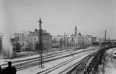 Magyarország, Győr, a vasútállomás látképe a Kálvária utcai gyalogoshídról., 1955, UVATERV, vasút, pályaudvar, vasútállomás, Fortepan #91638