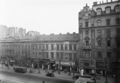 Magyarország, Budapest VIII., Rákóczi út, balról a 15., 13., 11. számú ház., 1957, UVATERV, teherautó, automobil, órás, ruhaüzlet, Budapest, Fortepan #91666