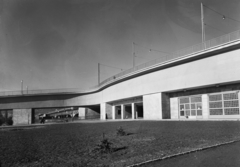 Magyarország, Margitsziget, Budapest, az Árpád (Sztálin) híd Margitszigetre vezető lehajtója Buda felé nézve., 1951, UVATERV, híd, Duna-híd, Sávoly Pál-terv, Kossalka János-terv, gerenda híd, Károly Széchy-terv, Fortepan #91679