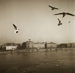 Hungary, Budapest V., pesti Duna-part az Eötvös térrel és a Vigadó térrel a Széchenyi Lánchídról nézve., 1939, Ebner, Danube, Budapest, Fortepan #92255