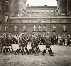 Hungary, Budapest XI., Villányi út 27. Budai Ciszterci Szent Imre Gimnázium., 1939, Ebner, school, uniform, high school, kids, scouting, parade, Budapest, Cistercian Order, Neo-Baroque-style, Gyula Wälder-design, Fortepan #92377