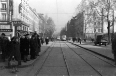 Magyarország, Budapest VIII.,Budapest VII., Rákóczi út az Astoria kereszteződéstől nézve., 1960, Fortepan, utcakép, életkép, villamos, villamosmegálló, Budapest, Fortepan #9238