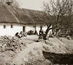 1939, Ebner, chariot, women, thatch roof, rock, headscarf, Fortepan #92404