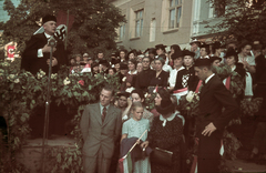 Románia,Erdély, Beszterce, Fa utca (strada Liviu Rebreanu) a magyar csapatok bevonulása idején. A felvétel 1940. szeptember 8-án készült., 1940, Fortepan, területgyarapodás, színes, zászló, horogkereszt, szónoklat, Fortepan #92495