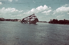 Szerbia, Újvidék, a lerombolt közúti híd (Most kraljevića Tomislava) maradványa, háttérben Pétervárad., 1941, Fortepan, színes, háborús kár, hídroncs, Fortepan #92534