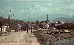 Románia,Erdély, Izaszacsal, kissé jobbra kiemelkedik a Szent Péter és Pál apostolok temploma (Biserica "Sfinții Apostoli Petru şi Pavel")., 1940, Fortepan, falu, templom, színes, juh, népviselet, Fortepan #92579