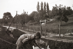 Hungary, Budapest II., Zsíroshegyi (Boldogasszony) út, szemben a 86. számú telek. Az úttest és a járda között az Ördög-árok., 1944, Fortepan/Album002, Budapest, picture, road, boy, pit, pylon, chain-link fence, Fortepan #92704