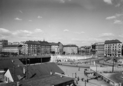 Magyarország, Budapest IX., Boráros tér., 1953, UVATERV, városkép, bódé, villamos, hirdetőoszlop, kerítés, villamosmegálló, Budapest, Fortepan #9295