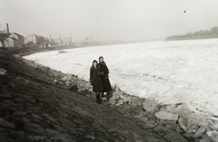 Magyarország, Budapest III., Duna-part a Komjádi Béla (Monitor) utca környékén, távolban a Szépvölgyi útnál a Lujza gőzmalom látszik., 1936, Hegedűs Judit, jégtábla, folyópart, Budapest, Fortepan #92982