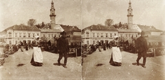 Magyarország, Veszprém, Óváros tér (Fő utca) a Tűztoronnyal. A felvétel 1894-ben készült., 1900, Kiss László, Dabasy Fromm Géza, piac, sztereófotó, Takarékpénztár, Fortepan #93362