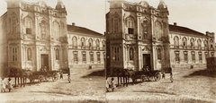 Magyarország, Veszprém, Ranolder János (Szent Anna) tér, Irgalmas nővérek zárdája. A felvétel 1894-ben készült., 1900, Kiss László, Dabasy Fromm Géza, lovaskocsi, sztereófotó, szoborfülke, Fortepan #93383