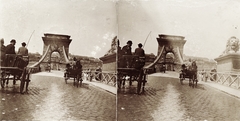 Magyarország, Budapest V., Széchenyi Lánchíd a pesti hídfőtől nézve. A felvétel 1894-ben készült., 1900, Kiss László, Dabasy Fromm Géza, híd, lovaskocsi, sztereófotó, kőoroszlán, Budapest, függőhíd, William Tierney Clark-terv, Fortepan #93392