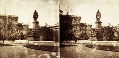 Magyarország, Budapest V., Széchenyi István (Ferenc József) tér, Széchenyi István szobra (Engel József, 1880.), háttérben a Magyar Tudományos Akadémia. A felvétel 1894-ben készült., 1900, Kiss László, Dabasy Fromm Géza, szobor, neoreneszánsz, sztereófotó, Magyar Tudományos Akadémia, Budapest, Széchenyi István-ábrázolás, Friedrich August Stüler-terv, Fortepan #93396