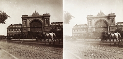 Magyarország, Budapest VIII., Baross tér, Keleti pályaudvar. A felvétel 1894-ben készült., 1900, Kiss László, Dabasy Fromm Géza, lovaskocsi, pályaudvar, sztereófotó, eklektikus építészet, Budapest, Rochlitz Gyula-terv, Fortepan #93402