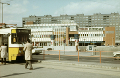 Hungary, Óbuda, Budapest III., Flórián tér, Flórián üzletközpont., 1985, Kristek Pál, colorful, tram, Budapest, public transport line number, Fortepan #93466