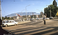 Svájc, Genf, Quai du Mont-Blanc, szemben a Mont Blanc híd., 1973, LHM, színes, zászló, gyalogátkelő, Fortepan #93546