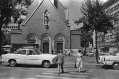 Svájc, Genf, Place des Eaux-Vives, Szent József templom., 1966, Fortepan/Album004, templom, utcakép, automobil, gyalogátkelő, Fortepan #93877