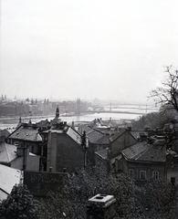 Magyarország, budai Vár, Budapest I., kilátás a Halászbástyáról az Erzsébet híd irányába., 1938, Vaskapu utca, Duna, eklektikus építészet, Budapest, függőhíd, Kherndl Antal-terv, Czekelius Aurél-terv, Fortepan #94274