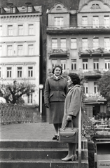 Csehország, Karlovy Vary, híd a Teplá folyó felett a Nová Louka és a Stará Louka között., 1965, Vaskapu utca, Csehszlovákia, híd, nő, retikül, hölgy, gyógyszálló, Fortepan #94496