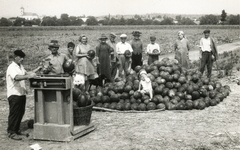 Hungary, 1954, Jurányi Attila, hat, church, tableau, agriculture, basket, kid, melon, scale, Fortepan #94528