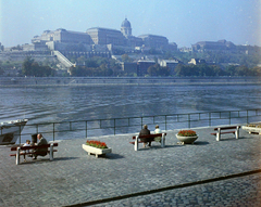 Magyarország, Budapest V., a budai Vár és a Lánchíd utca házai a pesti alsó rakpartról nézve., 1969, UVATERV, hajó, színes, virág, folyópart, pad, Hunyadi hajó, Budapest, Duna-part, Fortepan #94838