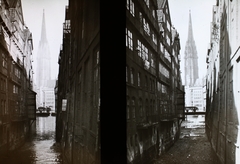 Németország, Hamburg, Nikolaifleet, a túlparton a Szent Miklós-templom (Hauptkirche St. Nikolai) tornya látszik. A felvétel a Katharinenbrücke-ről készült., 1911, Magyar Földrajzi Múzeum / Diagyűjtemény, templom, sztereófotó, Fortepan #95086