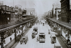 Amerikai Egyesült Államok, New York, Bowery a Grand Street-től északra., 1910, Magyar Földrajzi Múzeum / Diagyűjtemény, lovaskocsi, magasvasút, Fortepan #95124