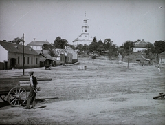 Románia,Erdély, Tenke, szemben a katolikus templom, balra a plébánia épülete., 1904, Magyar Földrajzi Múzeum / Diagyűjtemény, templom, szekér, utcakép, Fortepan #95148