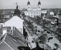 Hungary, Debrecen, Piac utca, szemben a Református Nagytemplom., 1906, Magyar Földrajzi Múzeum / Diagyűjtemény, Classicism, pediment, telegraph-pole, bird's eye view, Károly Rabl-design, Mihály Péchy-design, Fortepan #95150