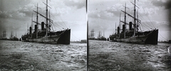 Germany, Hamburg, kikötő, szemben a Louis Pasteur vitorlás és a Kaiser Friedrich óceánjáró hajó., 1908, Magyar Földrajzi Múzeum / Károssy Csaba, sailboat, steamboat, stereophoto, mast, Fortepan #95291