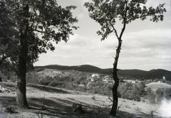 Magyarország, Buják, szemben a Kálvária-hegyen a Szent Anna-kápolna a remetelakkal és a Kálvária. Jobbra a kép szélén a katolikus templom látszik., 1929, Schermann Ákos, Schermann Szilárd, Fortepan #95383