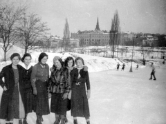 Magyarország, Budapest XI., a "Blöke" (Budapesti Lawn Tennis és Korcsolyázó Egylet) felöntött pályája a Villányi út és a Fadrusz utca határolta területen. Távolban a Ménesi út (Nagyboldogasszony útja) 27., a tornyos épület a Páli Szent Vincéről nevezett Irgalmas Nővérek Rendjének budapesti központi háza., 1936, Fortepan, tél, Budapest, Fortepan #9547