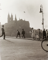 Németország, Meissen, Óvárosi híd (Altstadtbrücke) az Elba folyón, szemben a vár (Albrechtsburg) és a Dóm., 1927, Schermann Ákos, Sztehlo Borbála, gótika, székesegyház, Fortepan #95674