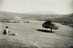 Hungary, Pilis Mountains, Piliscsaba felől nézve., 1931, Schermann Ákos, Schermann Szilárd, wood, picture, backpack, glade, tourist, back, Fortepan #95710