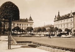 Magyarország, Győr, Városháza (Gróf Tisza István) tér, jobbra a Kisfaludy Kávéház., 1926, Schermann Ákos, locsolás, Fortepan #95761