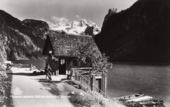 Ausztria, Gosau, Vorderer Gosausee, háttérben a Dachstein., 1934, Schermann Ákos, látkép, hegy, tó, ház, csónak, Fortepan #95953