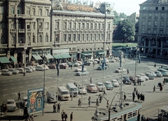 Croatia, Zagreb, Jellasics bán tér (Trg bana Josipa Jelačića)., 1965, Fortepan, ad, Yugoslavia, colorful, neon sign, tram, tram stop, Fortepan #9601