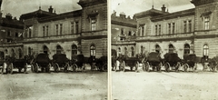 Szlovákia, Pozsony, főpályaudvar., 1900, Schermann Ákos, neoreneszánsz, pályaudvar, fiáker, sztereófotó, Feigler Ignác ifj.-terv, Fortepan #96077