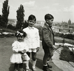 Magyarország, budai Vár, Budapest I., a Jezsuita lépcső felső szakasza, háttérben a Kossuth híd és a Parlament., 1951, Buzinkay Géza, gyerekek, országház, Budapest, Fortepan #96166