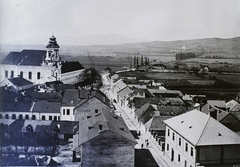 Slovakia, Prievidza, Rákóczi utca, balra a piarista templom és gimnázium., 1906, Magyar Földrajzi Múzeum / Erdélyi Mór cége, roof, bird's eye view, Fortepan #96227