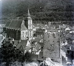 Romania,Transylvania, Brașov, látkép a városról, előtérben a Fekete-torony, balra az evangélikus Fekete templom., 1908, Magyar Földrajzi Múzeum / Erdélyi Mór cége, church, roof, gothic, Fortepan #96256