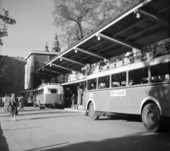 Magyarország, Budapest V., Erzsébet (Sztálin) tér, MÁVAUT autóbusz-pályaudvar., 1949, UVATERV, autóbusz, buszpályaudvar, Chausson-márka, viszonylattábla, Budapest, autóbuszállomás, Nyiri István-terv, Fortepan #96615