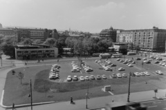 Magyarország, Budapest V., Erzsébet (Engels) téri parkoló és MÁVAUT autóbusz-pályaudvar a Bajcsy-Zsilinszky út felől nézve., 1966, UVATERV, autóbusz, motorkerékpár, utcakép, életkép, Moszkvics-márka, parkoló, Ikarus 55, automobil, taxiállomás, Skoda Octavia, Wartburg 311/312, Trabant 601, Opel Rekord, rendszám, Volkswagen Bogár, buszpályaudvar, Budapest, Nyiri István-terv, FSO Warszawa, Fortepan #96830