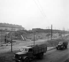 Magyarország, Budapest XI., Budaörsi út a Nagyszőlős utca torkolatánál., 1965, UVATERV, GAZ-márka, teherautó, Csepel-márka, Csepel B-350/D-350, Budapest, GAZ 51, Fortepan #97104