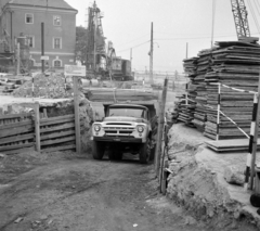 Hungary, Budapest I., Batthyány tér, a metróépítés területe, háttérben az egykori ferences kolostor., 1970, UVATERV, Soviet brand, commercial vehicle, ZIL-brand, subway construction, number plate, subway station, Budapest, Fortepan #97948