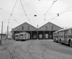 Hungary, Budapest III., Vörösvári út 115., Óbuda kocsiszín., 1975, UVATERV, bus, tram, Ganz-brand, Budapest, carbarn, public transport line number, Ikarus-brand, Ikarus 620, Stuka tramway, Fortepan #98827